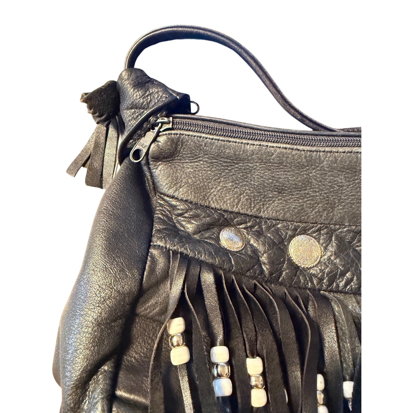 Black Leather Fringe Crossbody Bag Western Concho Beaded Tassel Boho Bag Mexico