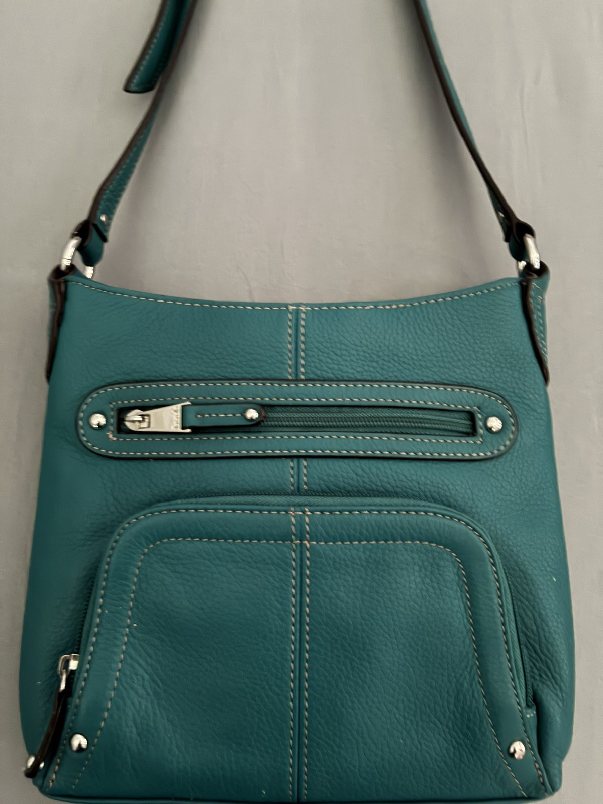 Tignannello Pebbled Leather Organizer Crossbody Handbag Teal Color