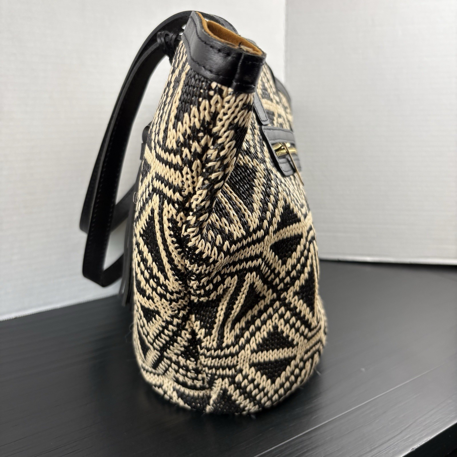Patricia Nash Marconia Woven Geometrical Tote Shoulder Bag Natural & Black VGC