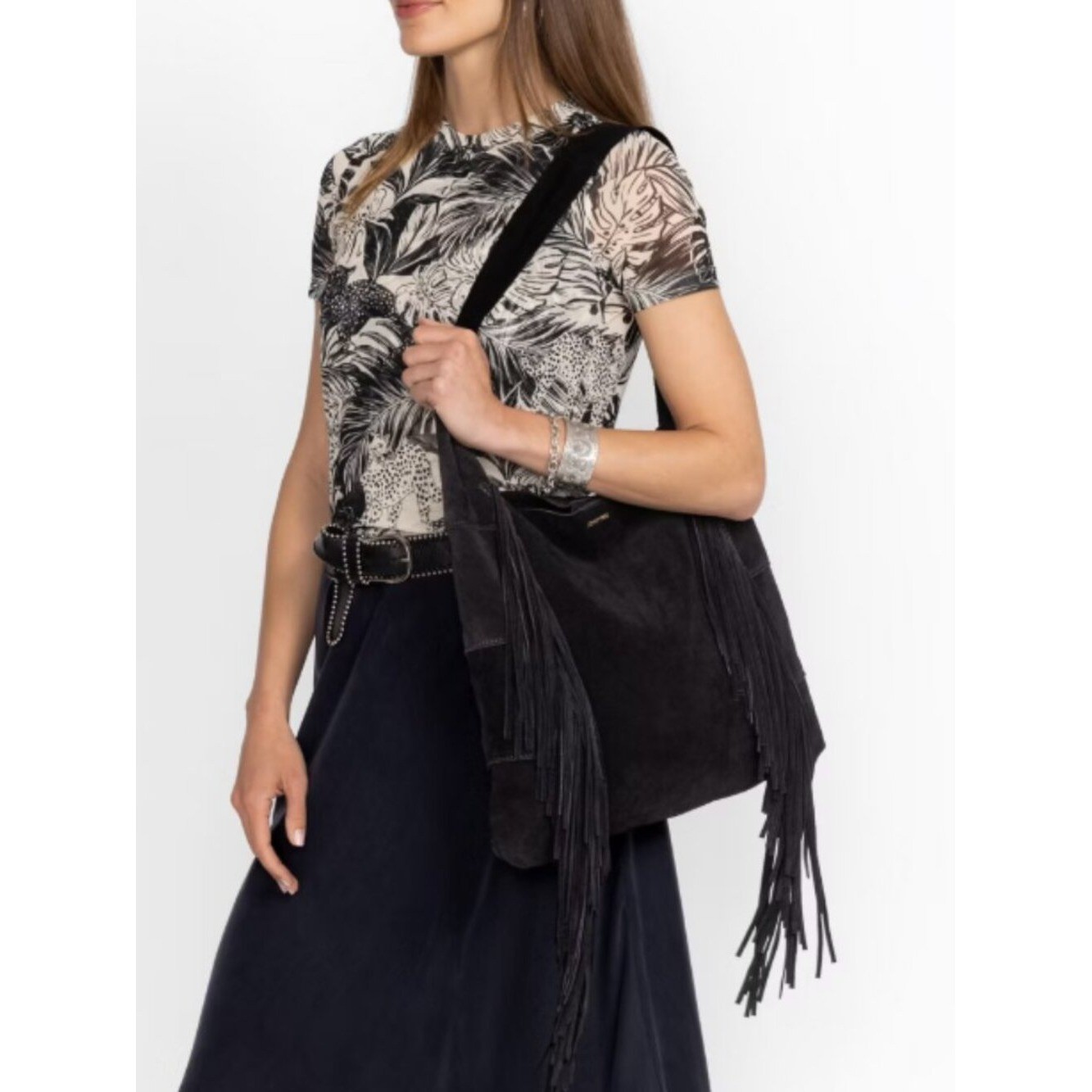 Johnny Was Flawed Nero Italian Suede Fringe Hobo Bag Black