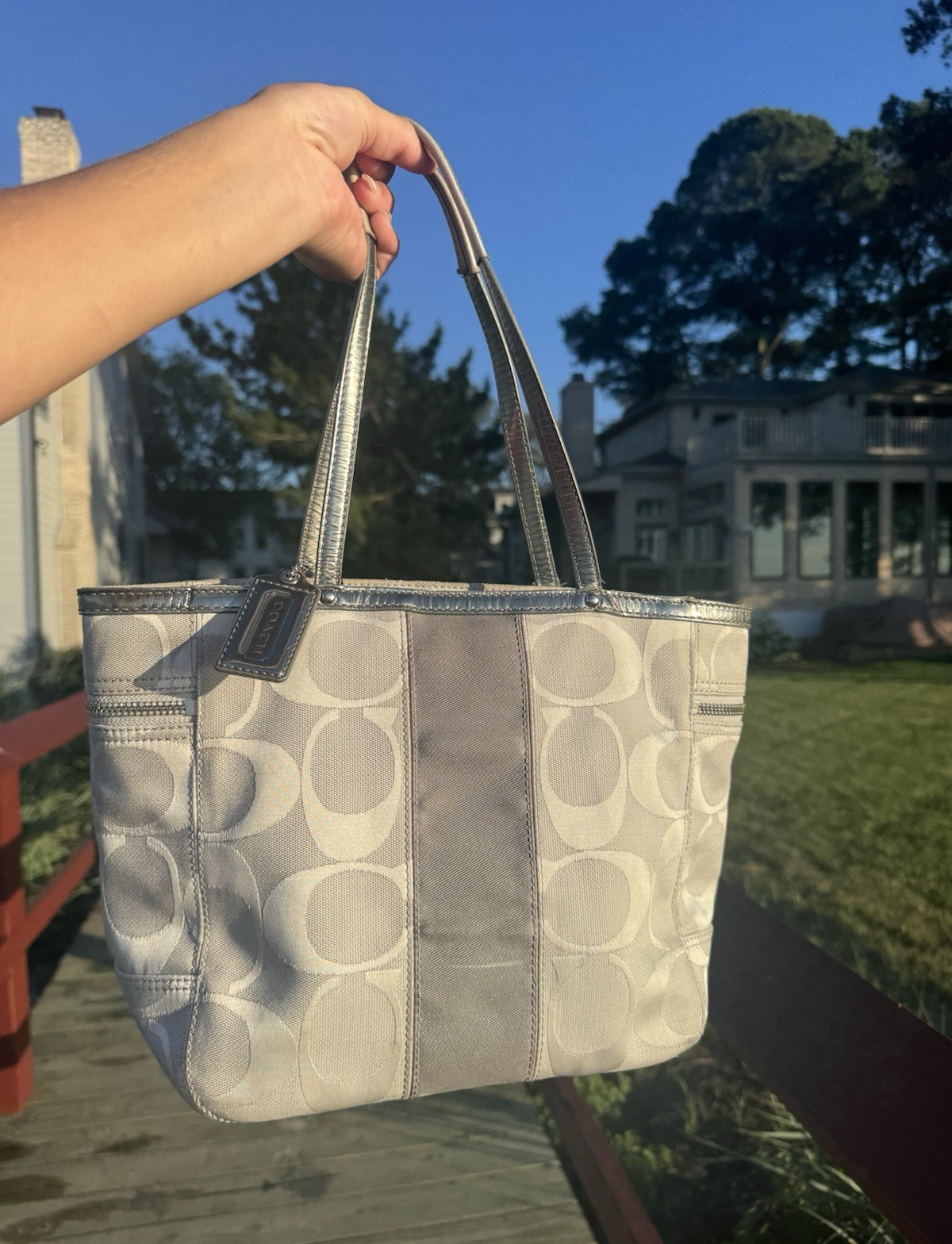 Coach Gray/Silver Signature Logo Tote Bag Metallic Trim Zip Purple Lining Charm