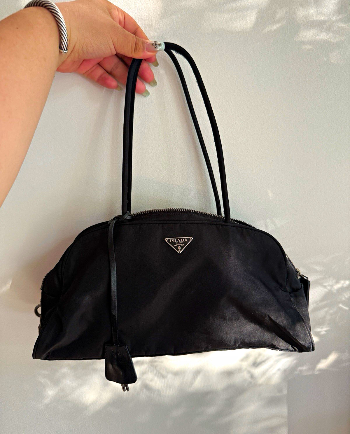 Vintage PRADA Nylon Bowling Bag Black Padlock & Keys Silver Hardware Italy