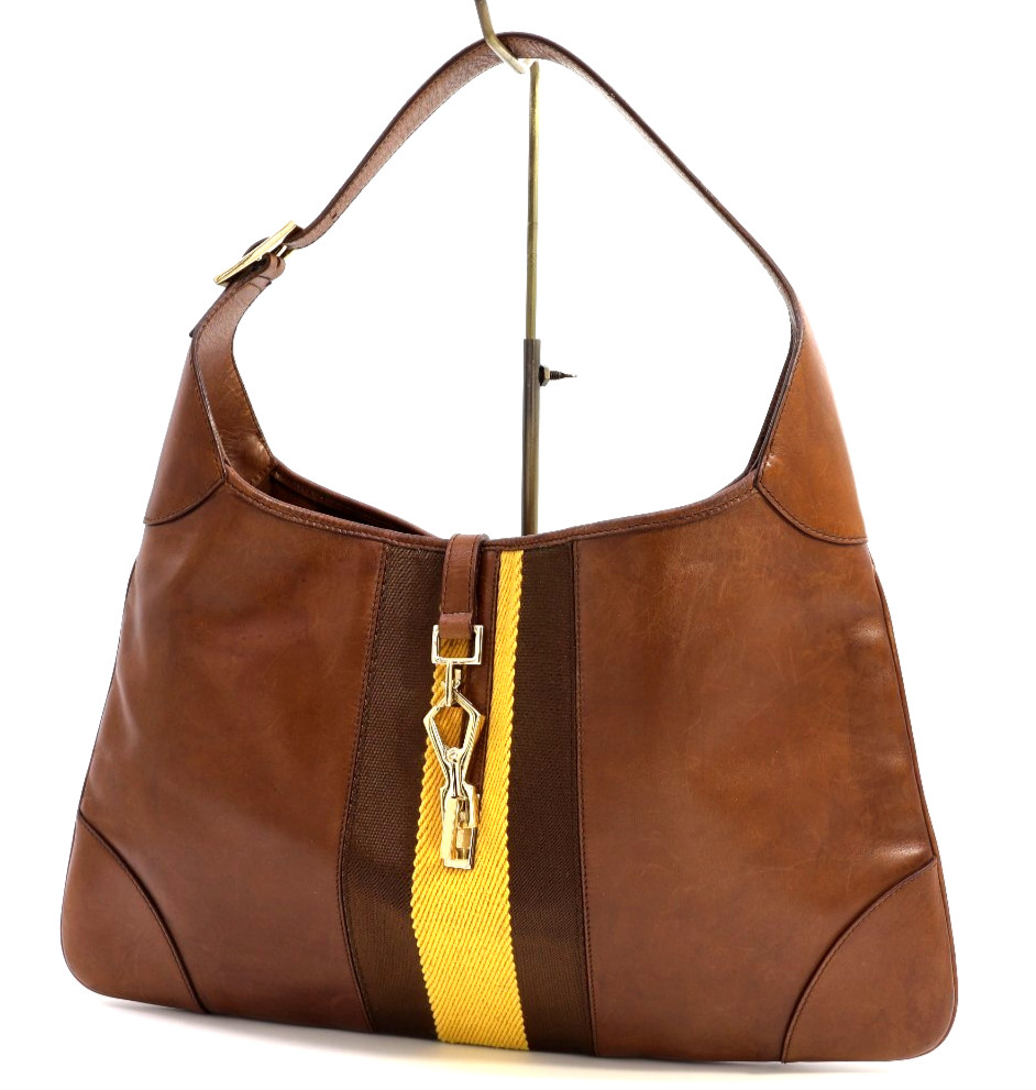 GUCCI Jackie Large Bag Leather Web Stripe 4075 Brown Classic Rare Authentic