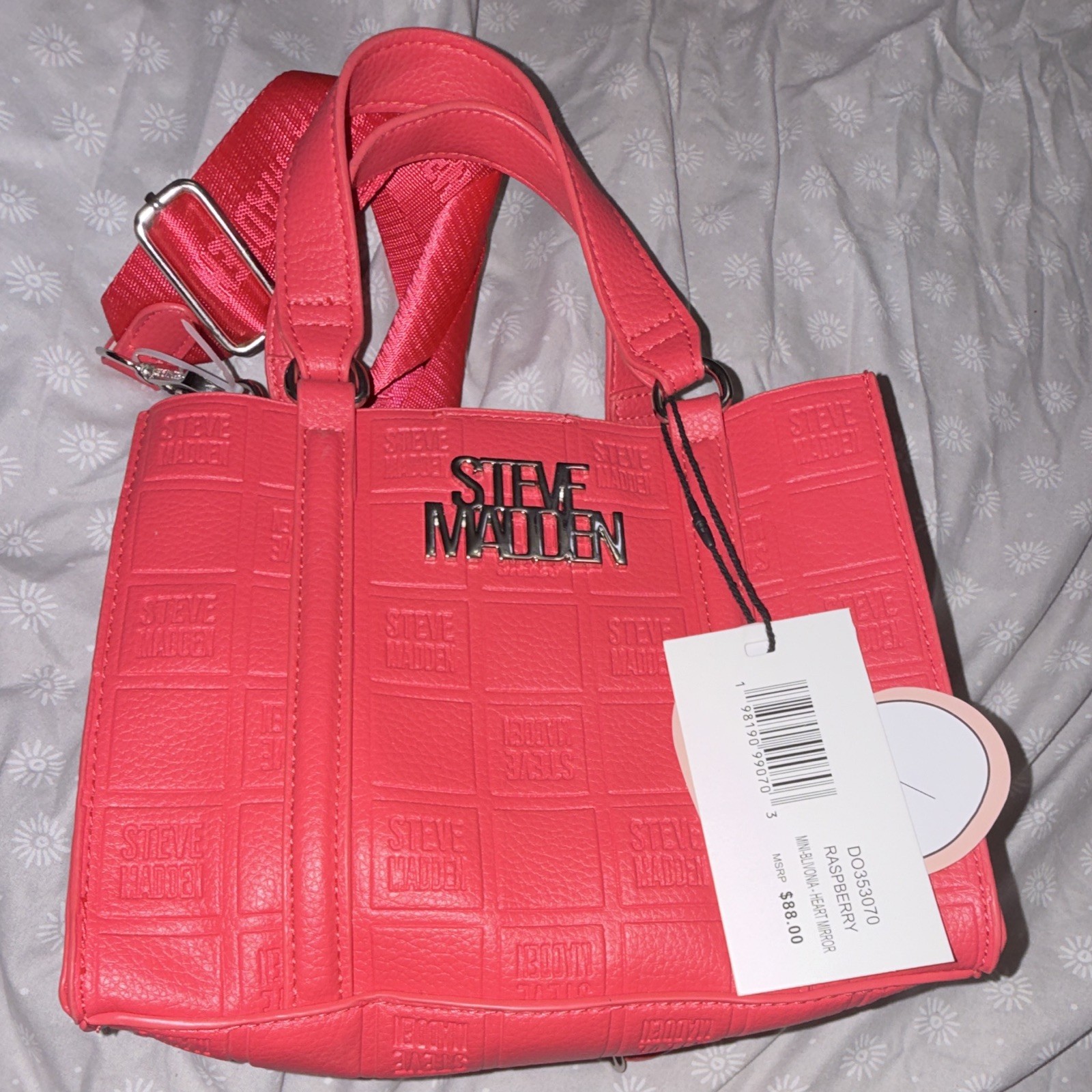 Steve Madden Raspberry Logo Embossed Small Satchel Top Handle Detachable Strap