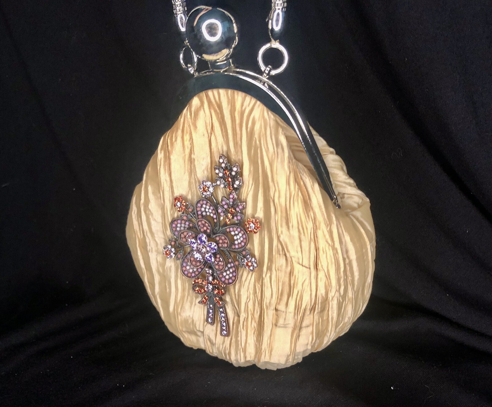 IRIS LANE Designer Handbag Crushed Taffeta JEWELED Floral Brioche Purse