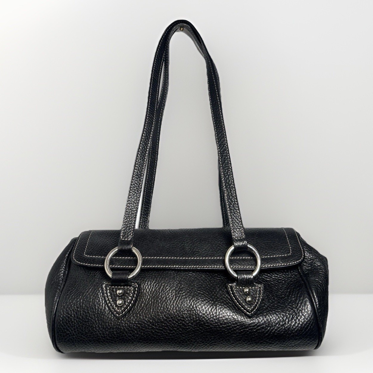 Gianfranco Sisti Italian Black Leather Baguette Shoulder Bag w Silver Accents