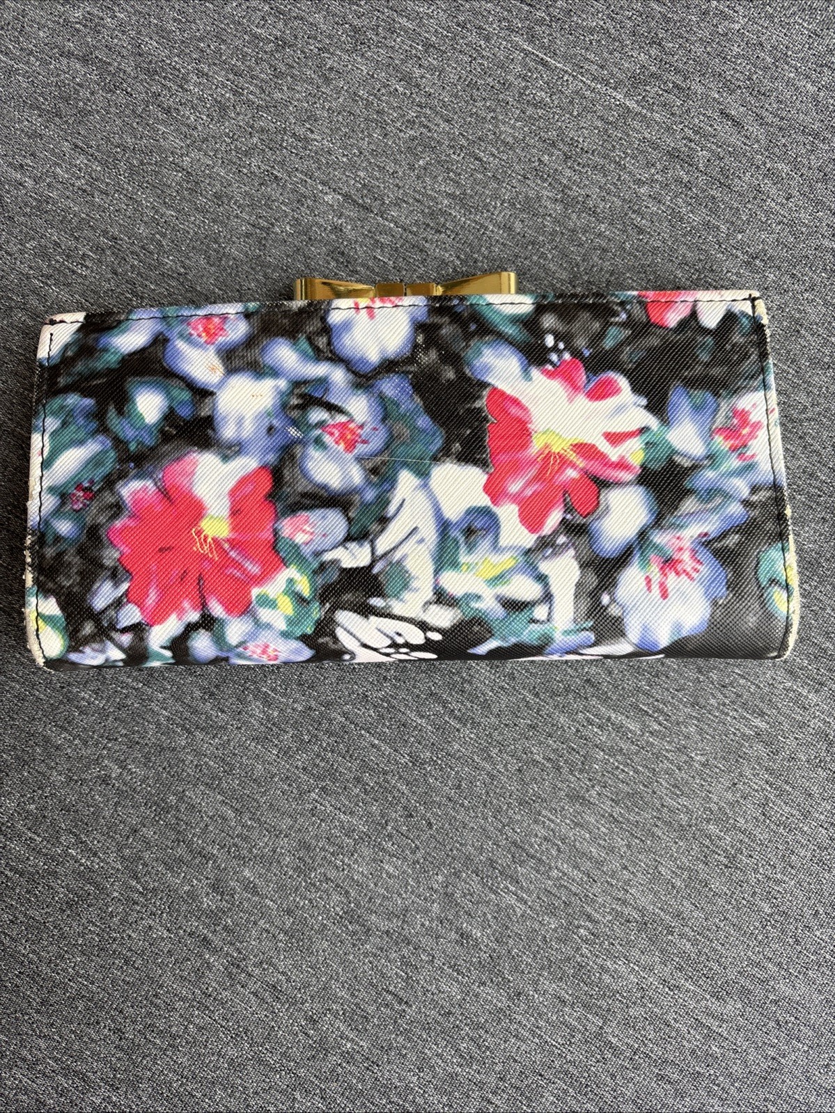 Casual Or Formal Floral Evening Clutch Wallet With Gold Bow Clasp Black Interior