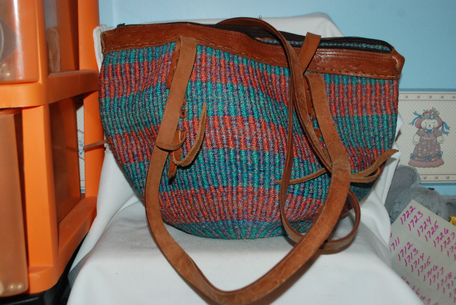 Vintage Woven Sisal Market Tote Bucket Bag Leather Straps Round Striped Boho1688
