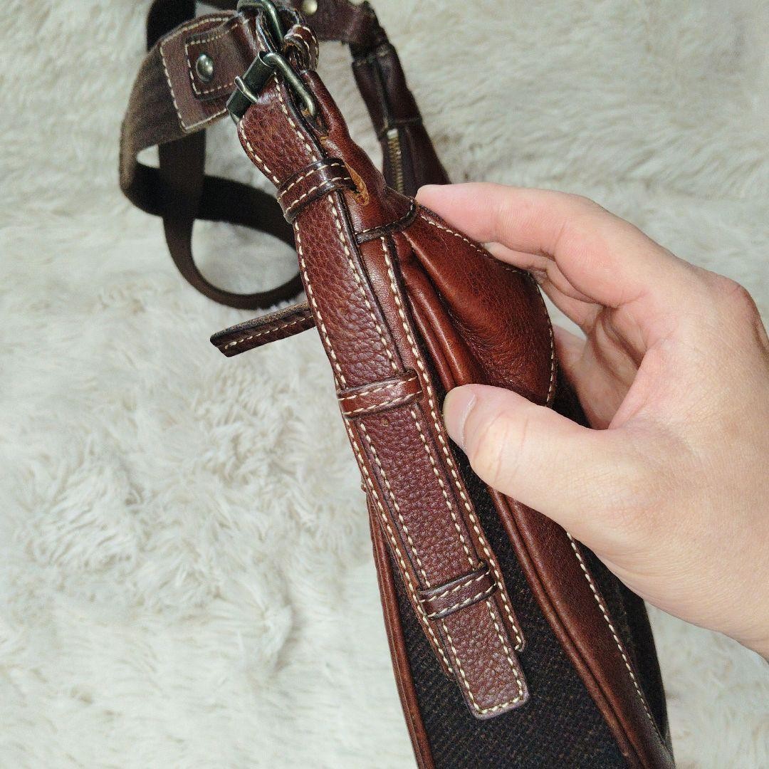 Tsuchiya Kaban Brown Tweed Leather Half Moon Crossbody Shoulder Bag Auth