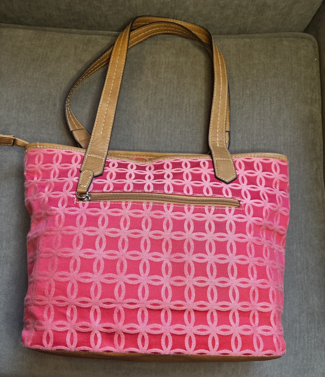 Croft & Barrow Pink Jacquard with Tan Brown Accents HandBag/Tote
