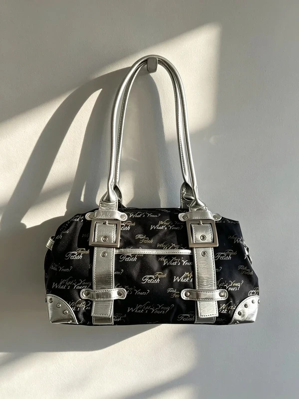 Fetish Y2K Silver and Black Glitter Vintage Baguette Shoulder Bag