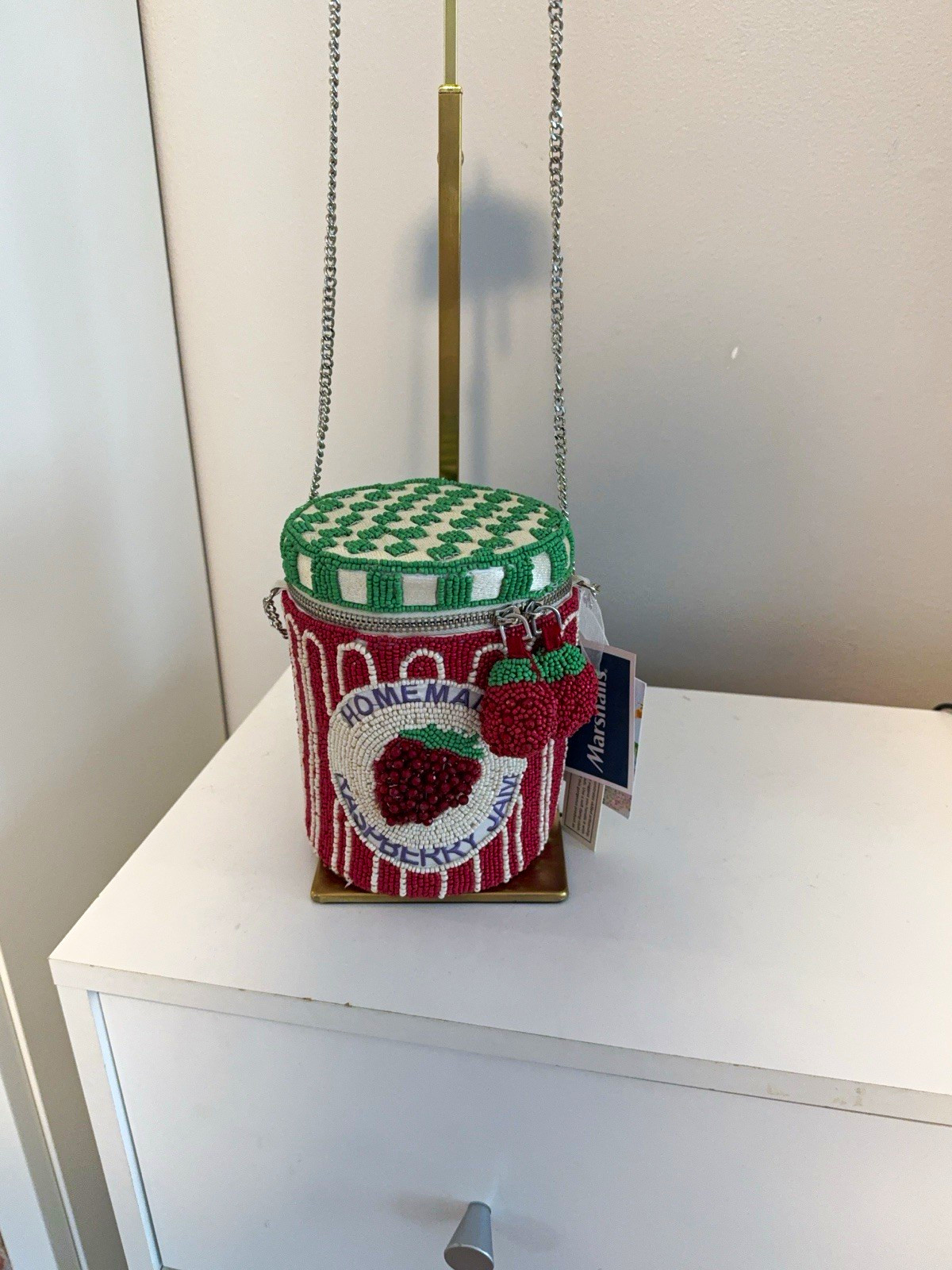Marshalls Rasberry Jam Beaded Cylinder Shoulder Bag Silver Chain Strap Zip NWT