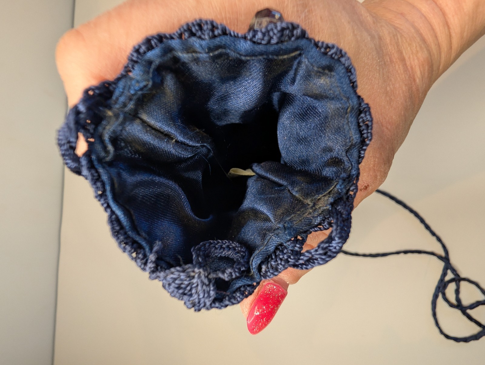Blue Crochet Beaded Fringe Crossbody Bag Button Closure Lined Solid