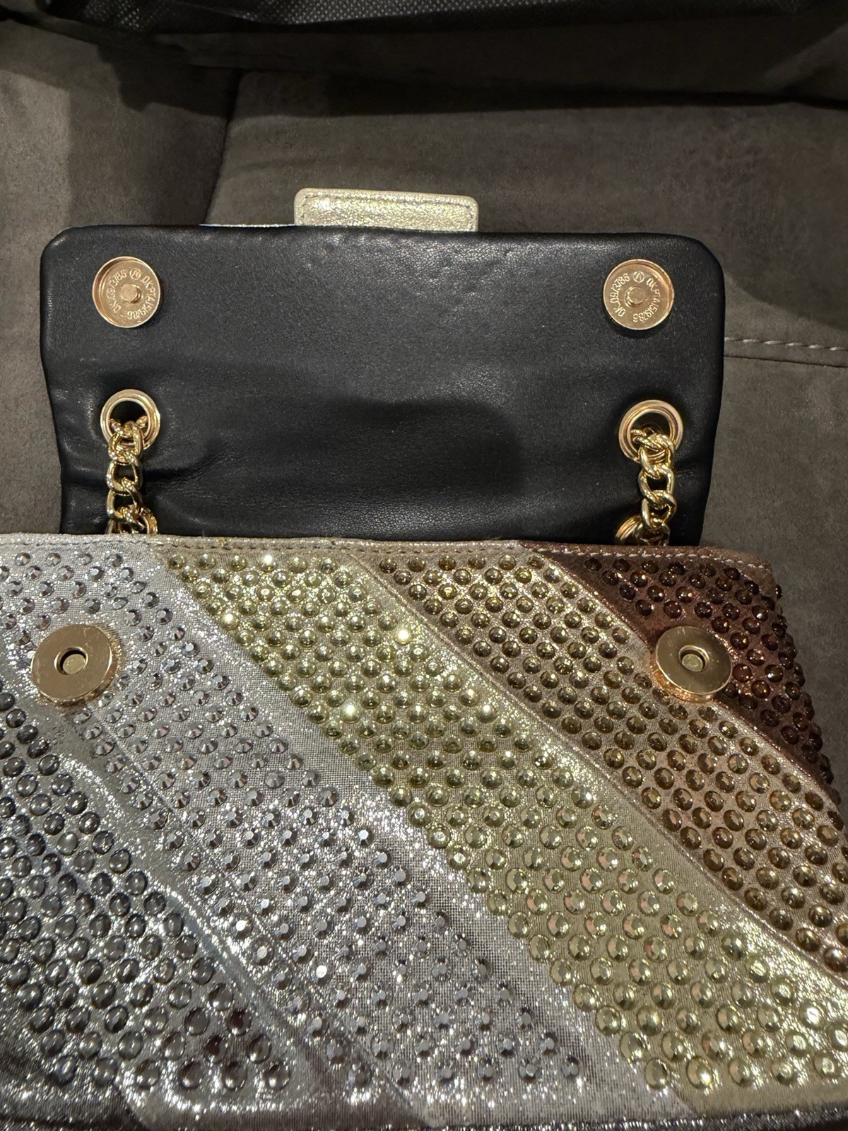 New Kurt Geiger Silver Gold Brown Crystal-Embellished Shoulder Bag