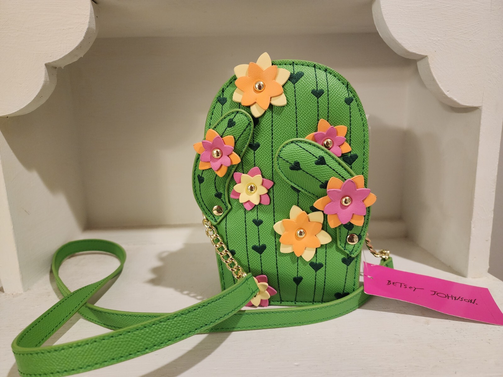 Betsey Johnson Kitsch Desert Cactus 3D Stud Flower Heart Trim Moveable Crossbody