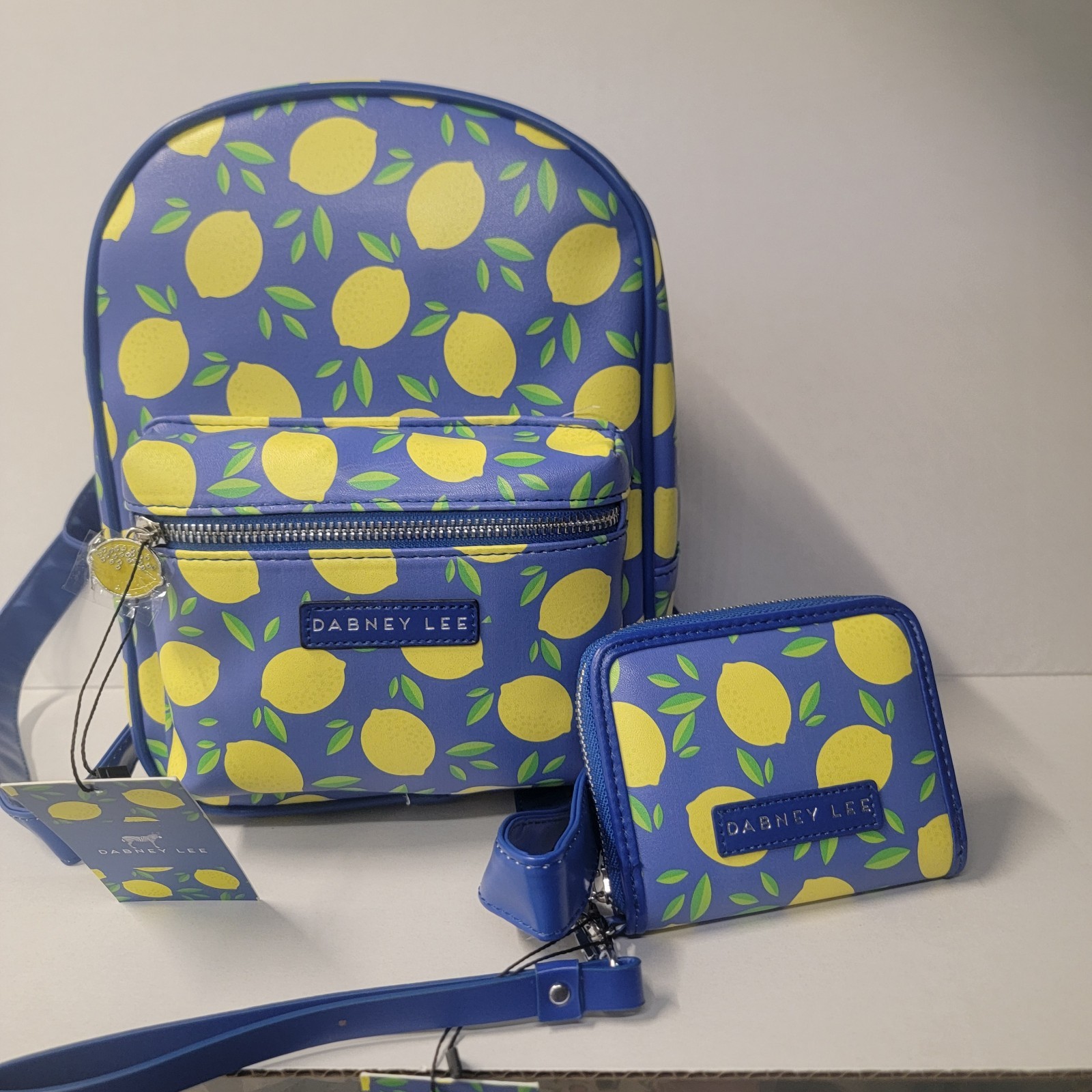 NEW Dabney Lee Lemon 🍋 Blue Backpack With Zip Wallet & Wristlet Lot Of 3 Bundle