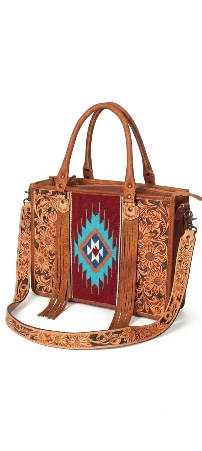 Western Tooled Leather Laptop Tote Bag Turquoise Aztec Handbag Shoulder Purse