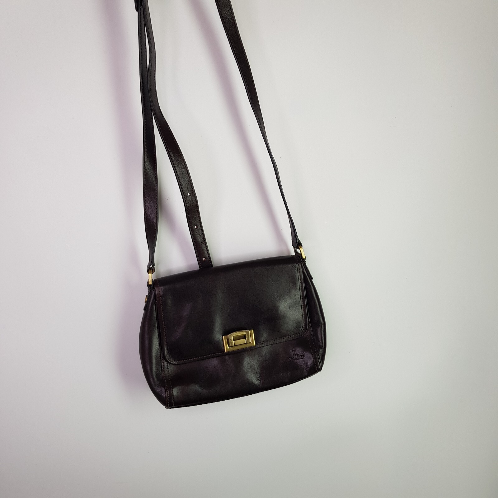 Cellini Leather Small Handbag 19x26cm Brown Gold Shoulder Crossbody Adjustable