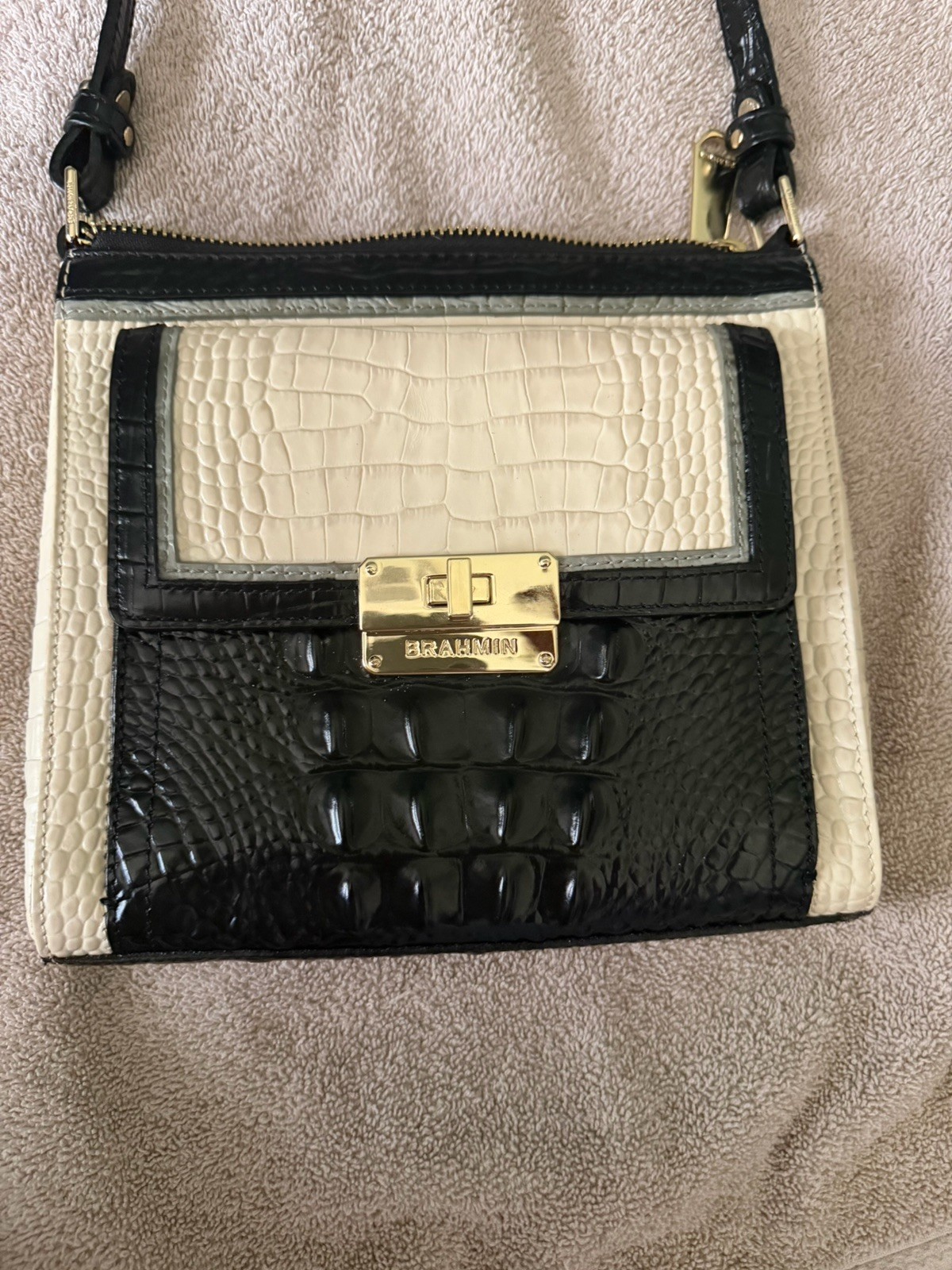 Brahmin Black/Ivory Embossed Animal Print Small Crossbody Zip Turn Lock Gold
