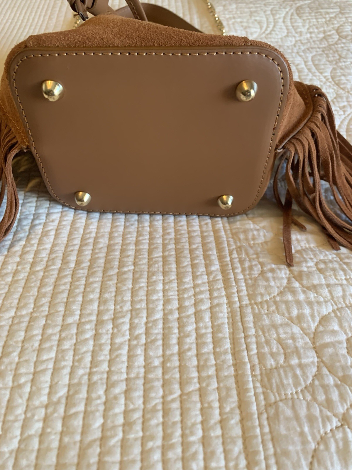 ANNA PAOLA Brown Fringe Drawstring Bucket Bag Chain Strap Bottom Studs