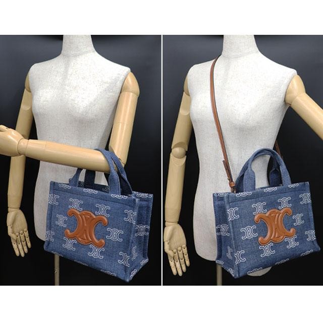 CELINE Bag: Small Cabas Thais Denim Blue Brown W26H19D13cm w/dust bag strap;