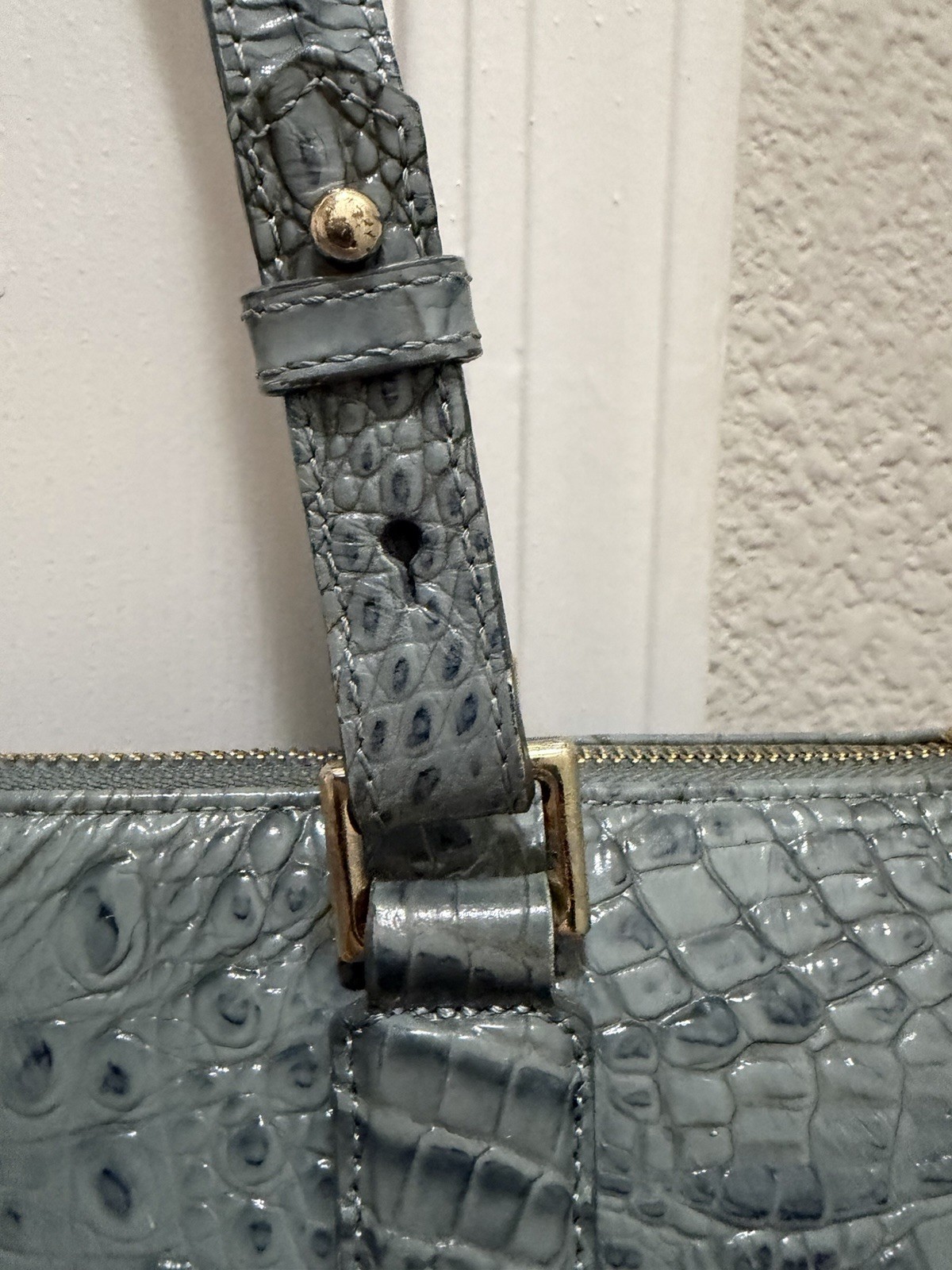 Brahmin Blue Crocodile Tote Bag Zip Top Charm Bottom Studs Gold Hardware