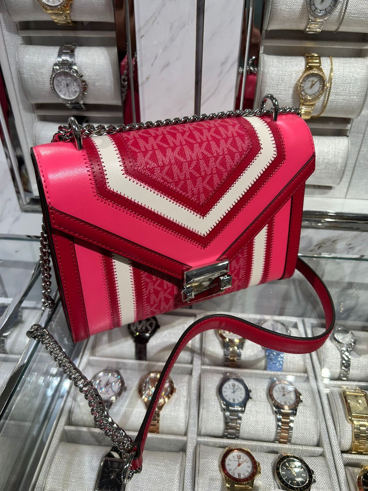 Michael Kors Whitney Medium Color-Block Logo Shoulder Bag Dark Raspberry Multi