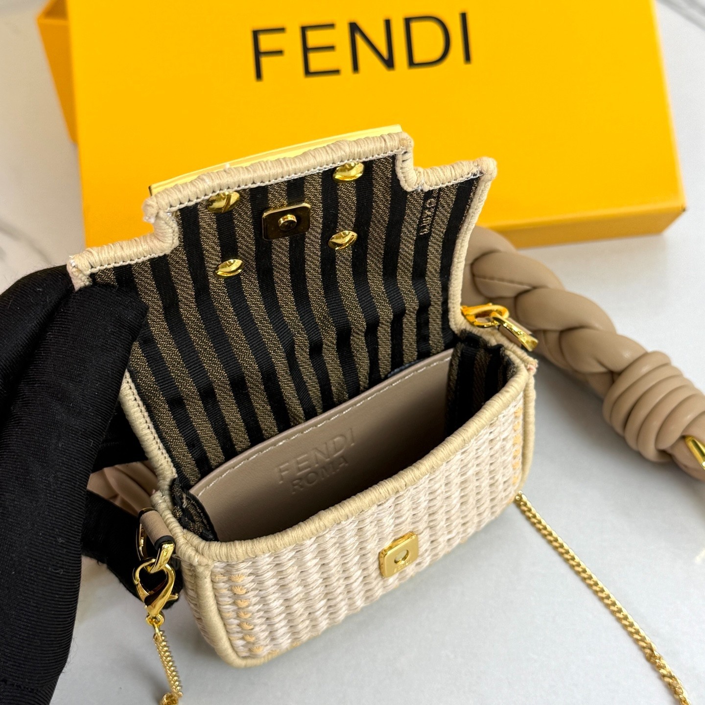 Fendi Nano Baguette Raffia Mini Crossbody Bag Beige Woven Leather Gold Chain