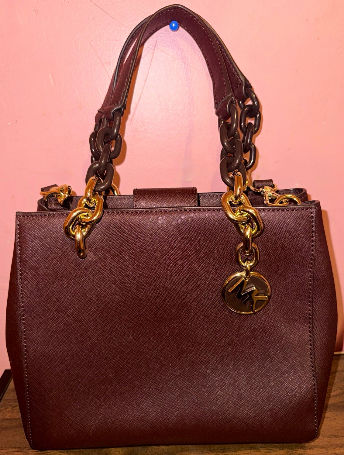 Michael Kors Brown Medium Satchel Top Handle Zip Gold Hardware Detachable Strap