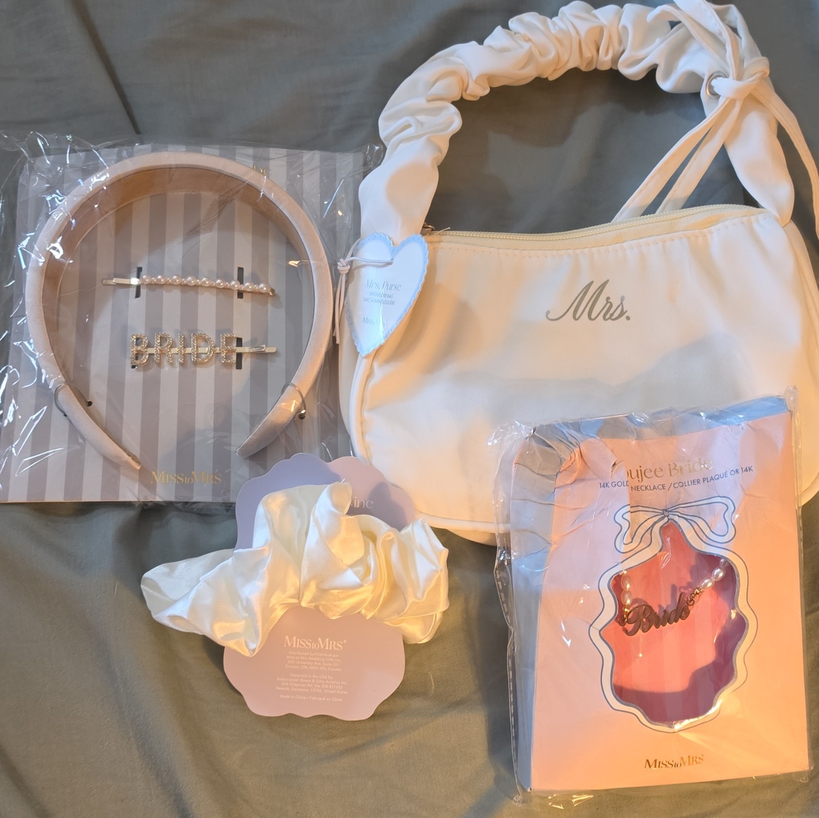Miss to Mrs White Embroidered “Mrs.” Shoulder Bag Zip, Detachable Strap with acc