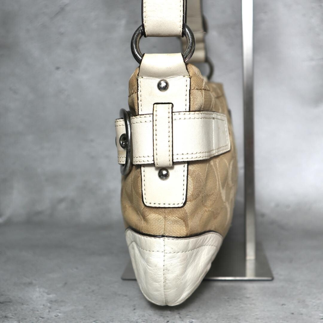 Coach Signature Canvas Leather Shoulder Bag Beige White Silver Zip 31cm 19cm
