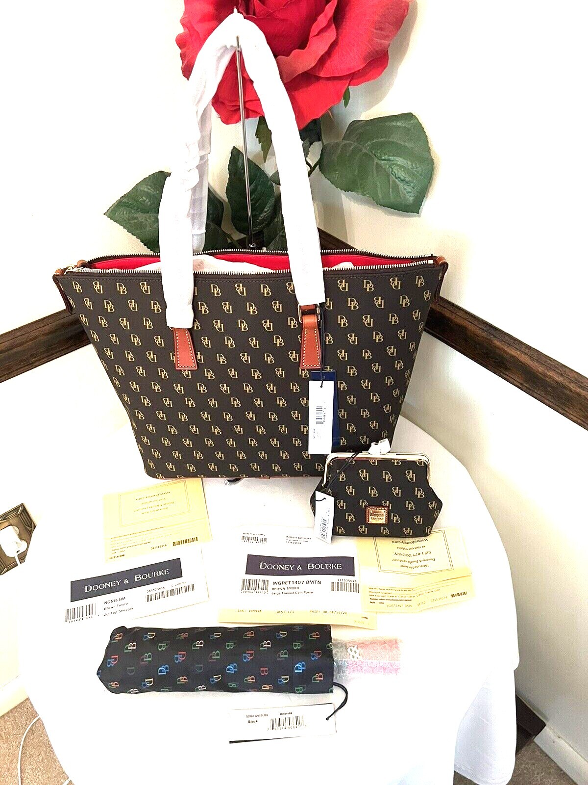 NWT 3Pc SET Dooney & Bourke Gretta Zip Top Shopper,Framed Purse &Umbrella