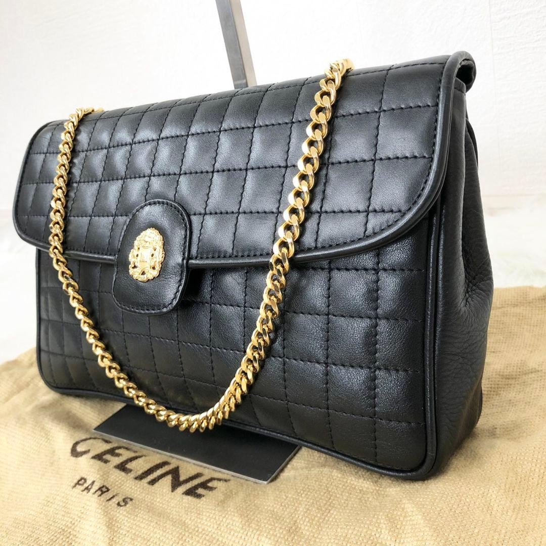 CELINE Quilted Chain Shoulder Bag with Emblem Black Women Used Authentic