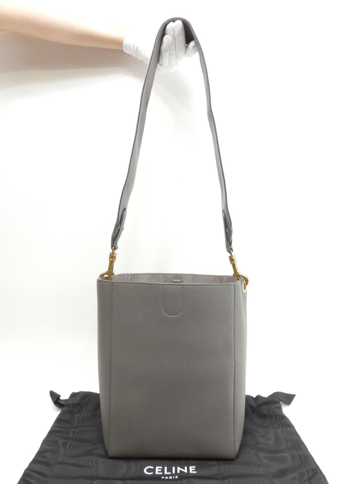 Celine Sangle Bucket Small Gray Leather Semi Shoulder Bag Grained Calfskin Gold