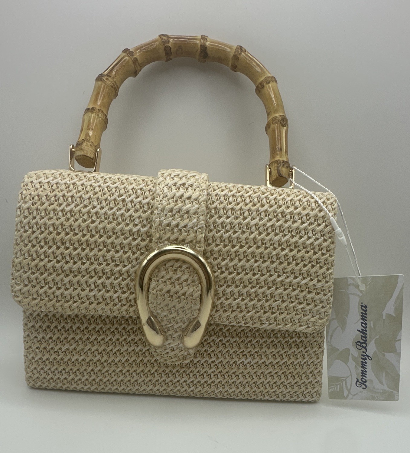 Tommy Bahama Beige Satchel Top Handle Beach Bamboo Handle Gold Chain Magnetic