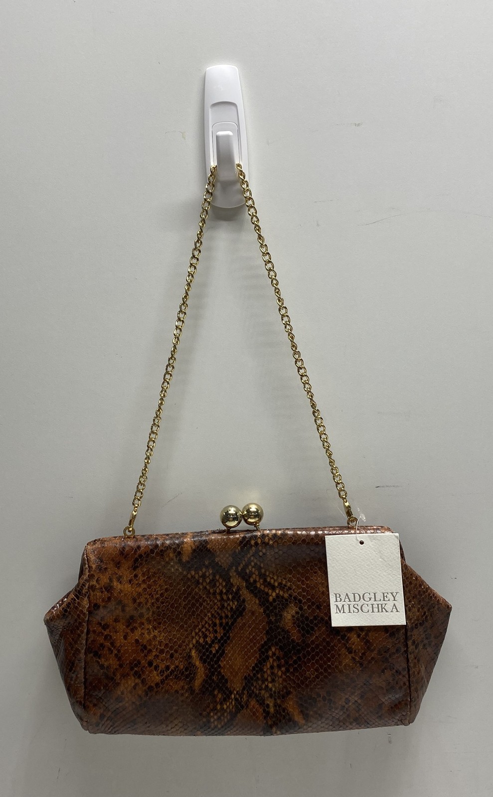 Badgley Mischka Brown Snakeskin Embossed Clutch Crossbody Bag Gold Chain NWT