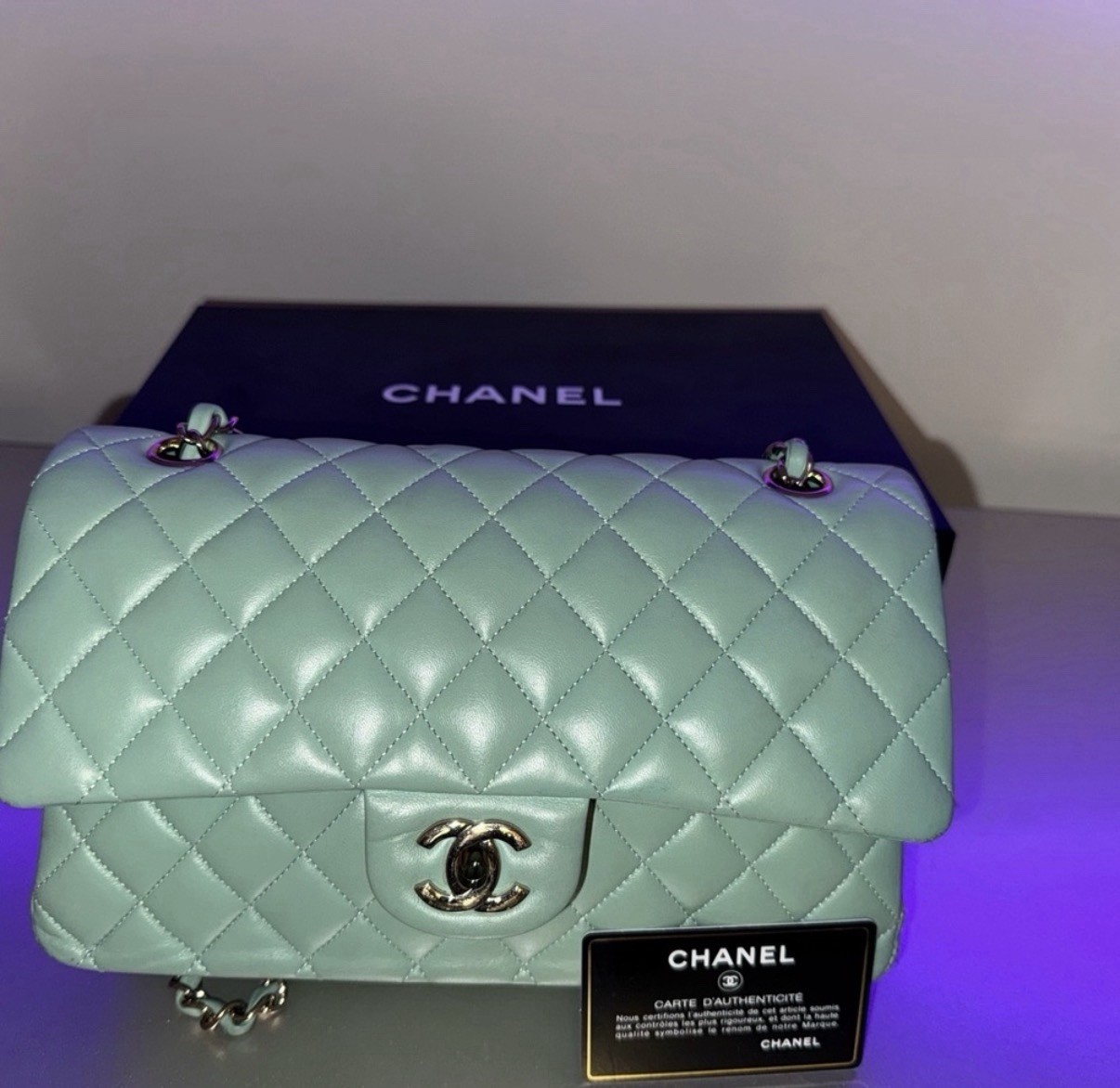 CHANEL Light Blue Quilted CC Flap Shoulder Bag Chain Strap Turn Lock Silver