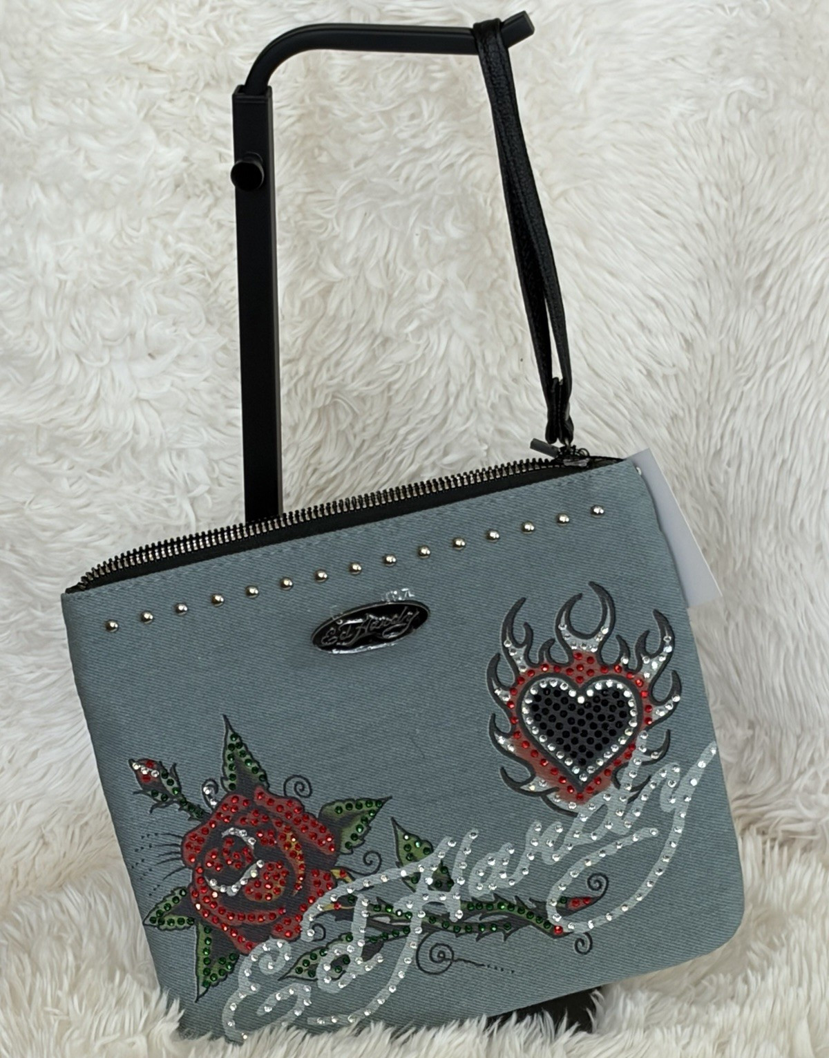 Denim Blue/Black Zip Clutch Bag Detachable Adj Strap Stud Heart Rose Floral