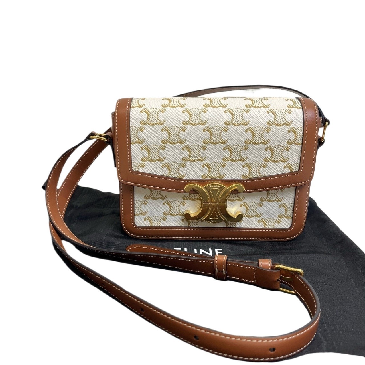Authentic Celine Teen Triomphe Triomphe Canvas and Calfskin Leather Crossbody