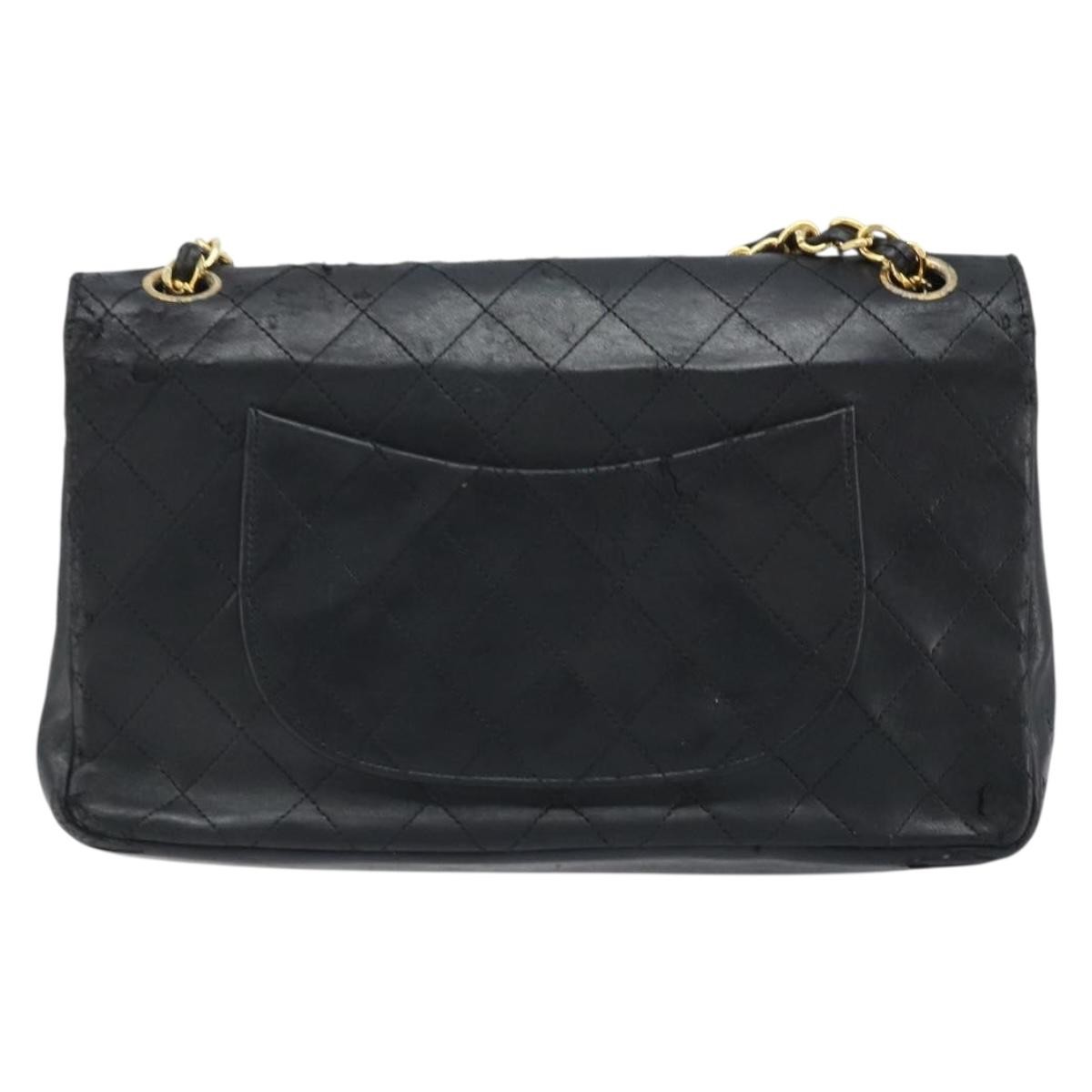CHANEL Matelasse 25 Double Flap Chain Bag Lamb Skin Gold Black CC Auth bs34164