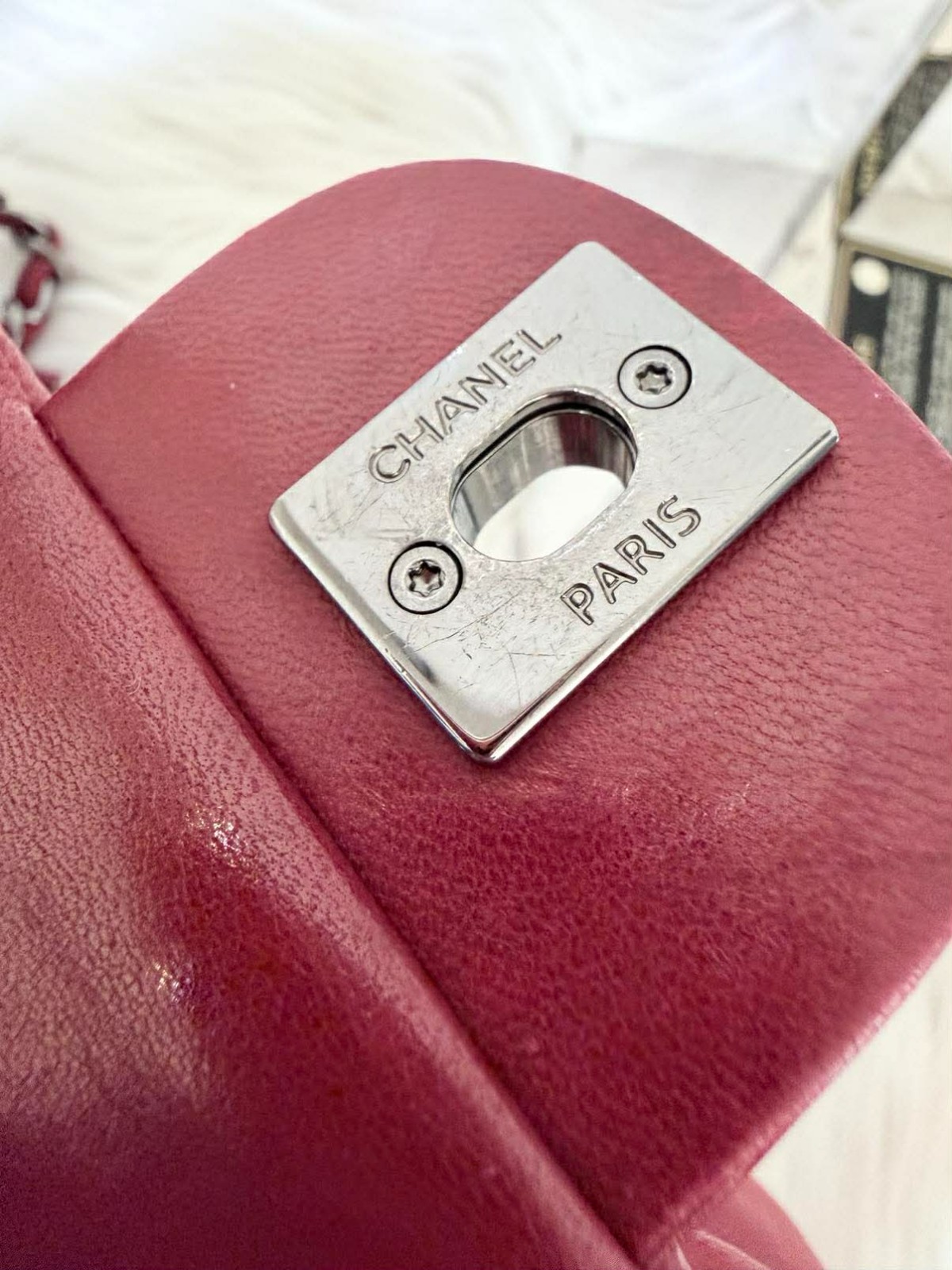 CHANEL Quilted Lambskin Mini Square Flap Bag Dark Pink Crossbody Authentic