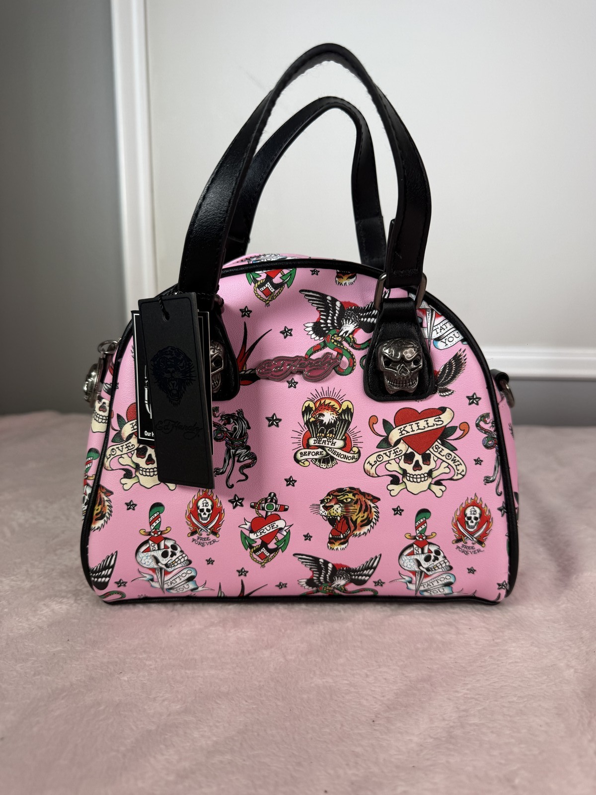 Ed Hardy pink tattoo print shoulder bag