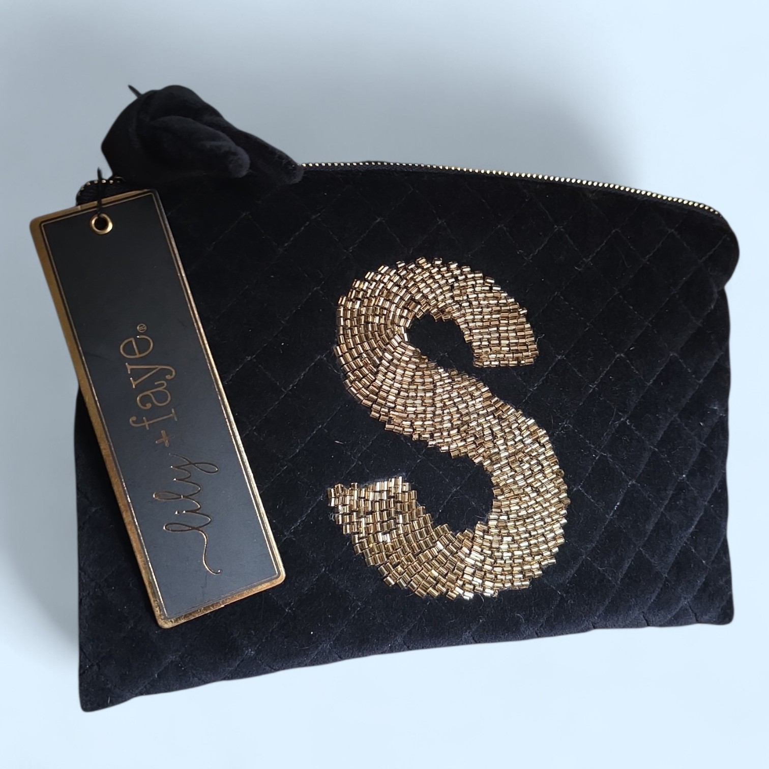 Lily & Faye Black Velvet Gold Beaded “S” Purse Pouch Bag