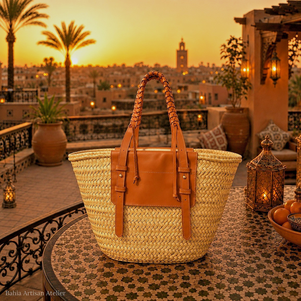 Moroccan Straw Tote Bag Handwoven Palm Leaf Leather Beach Market Basket