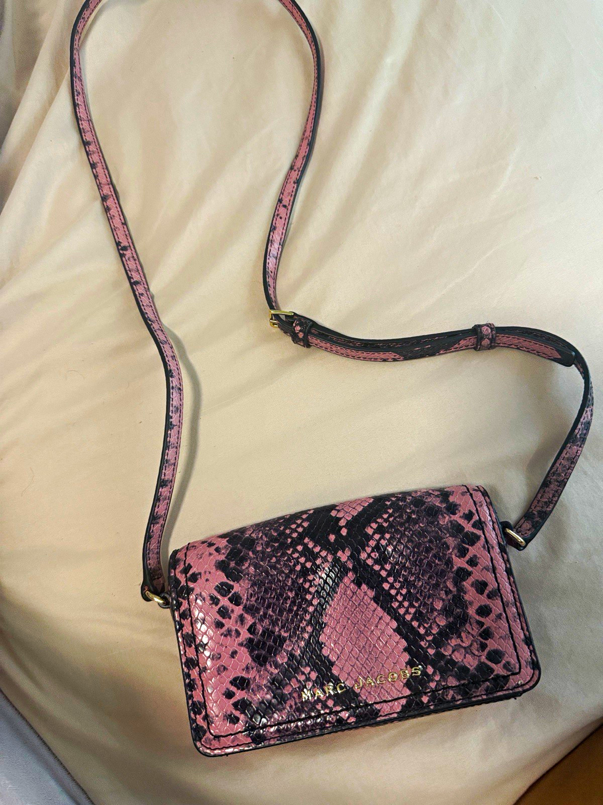 Marc Jacobs Pink/Black Snake Print Small Crossbody, Detachable Strap, Gold