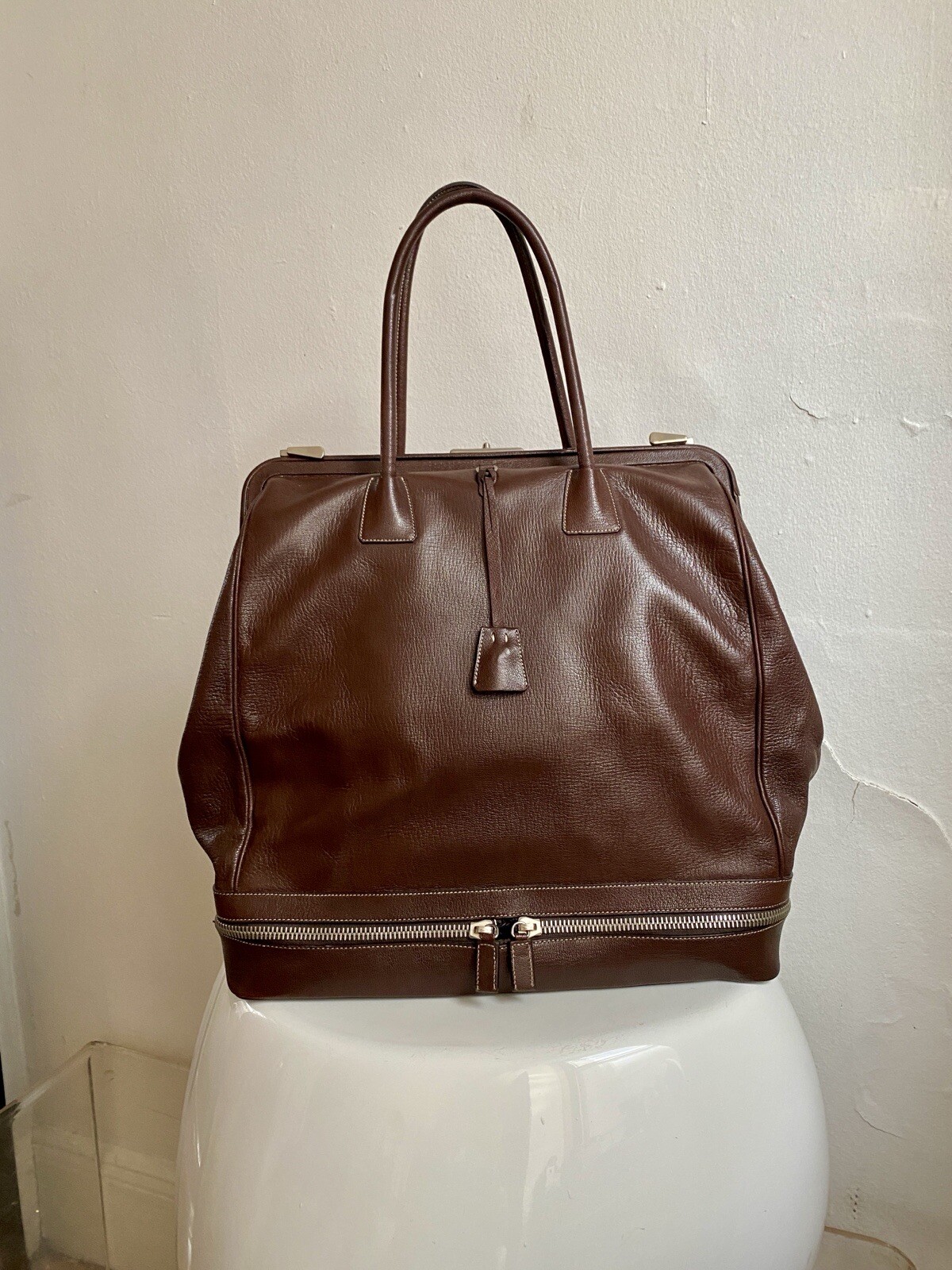 Authentic Prada Madras Cerniera Doctor Bag Dark Brown Leather Lg