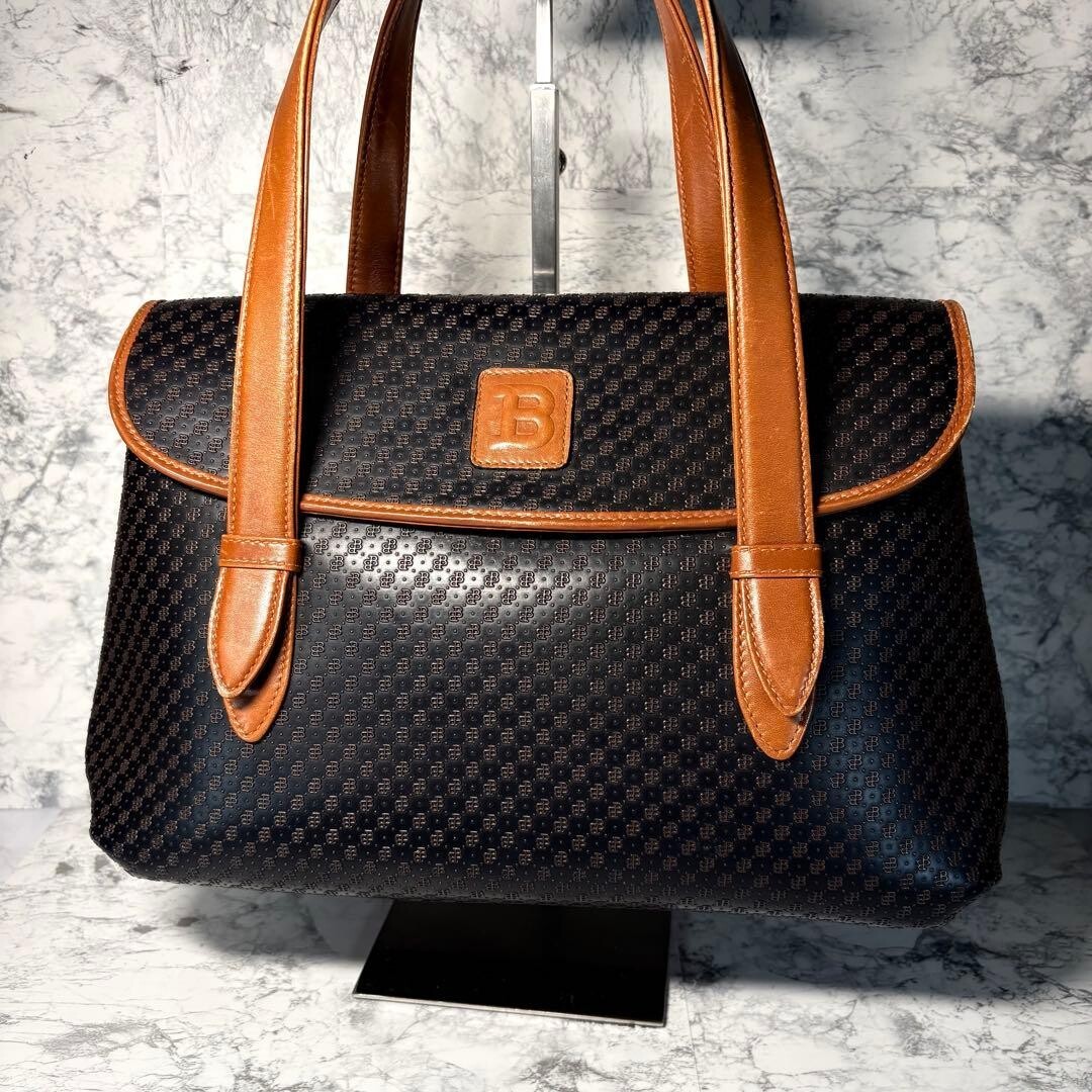 BALLY Vintage Monogram Tote Bag Black Brown Canvas Leather Women Flap 32cm
