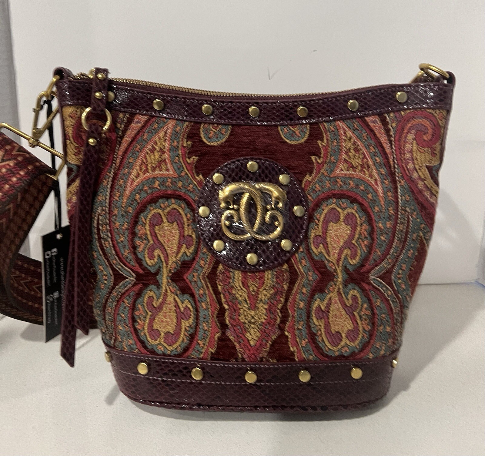 Sharif Legacy Parisian Tapestry Bucket Leather Bag – Bordeaux – NWT