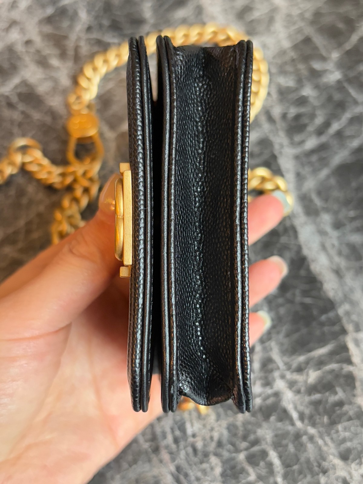 Chanel Le Boy Black Chevron Caviar Leather Mini Card Holder with Chain