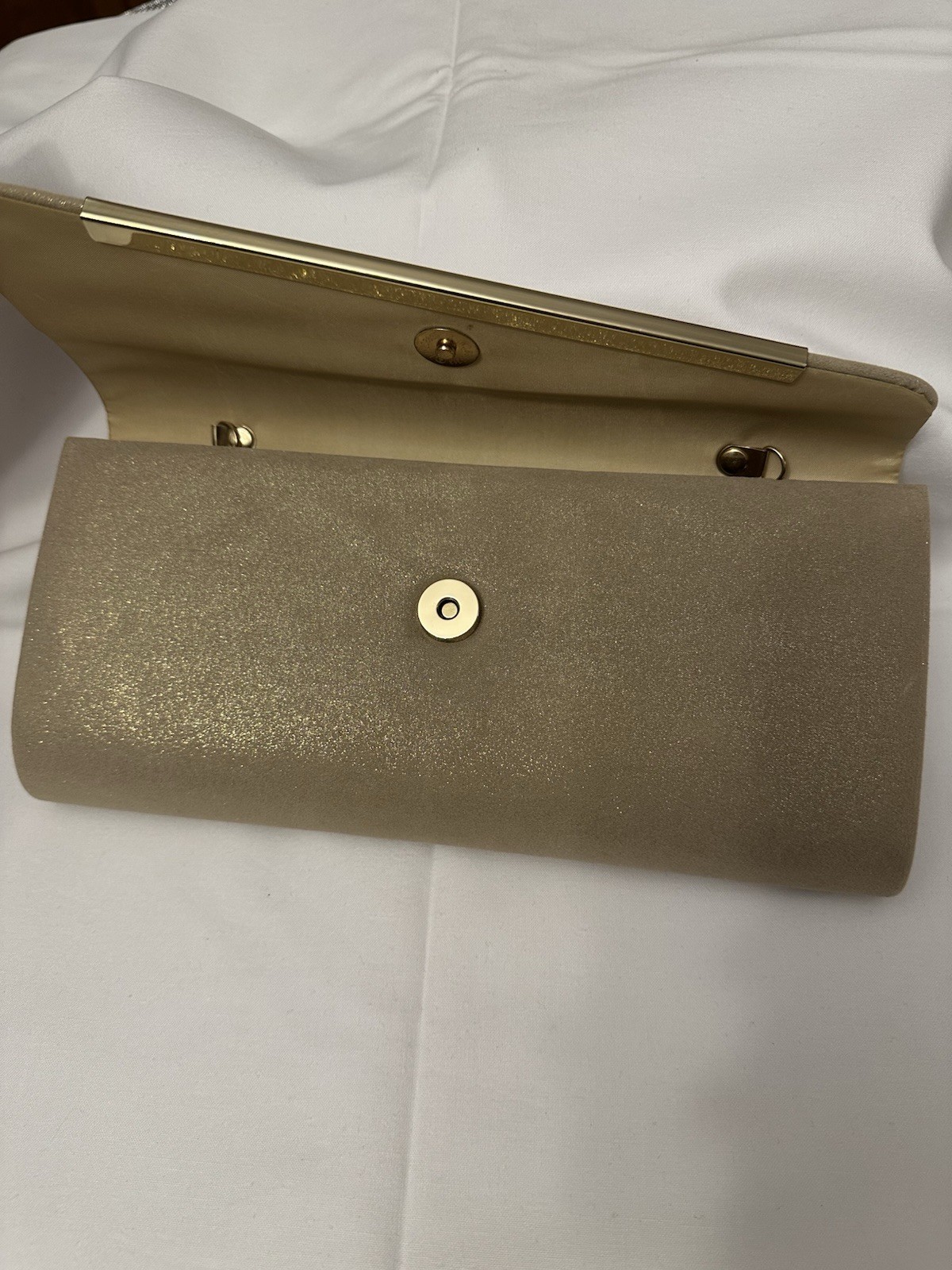 Beige Clutch with Gold Chain Strap, Metal Bar Accent, Detachable Strap